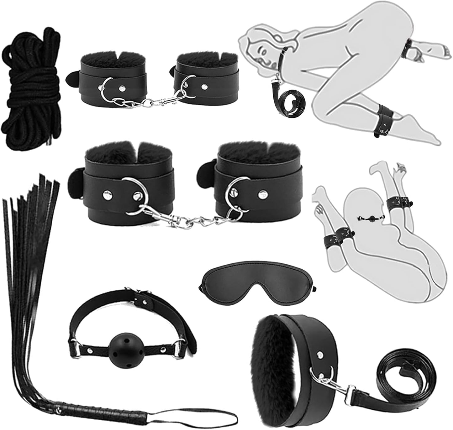 BDSM Beginner Set of 8: Adjustable Limb Cuff+Collar+Eye Mask+Mouth Ball+Whip Rope