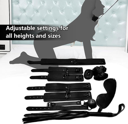 BDSM Beginner Set of 8: Adjustable Limb Cuff+Collar+Eye Mask+Mouth Ball+Whip Rope
