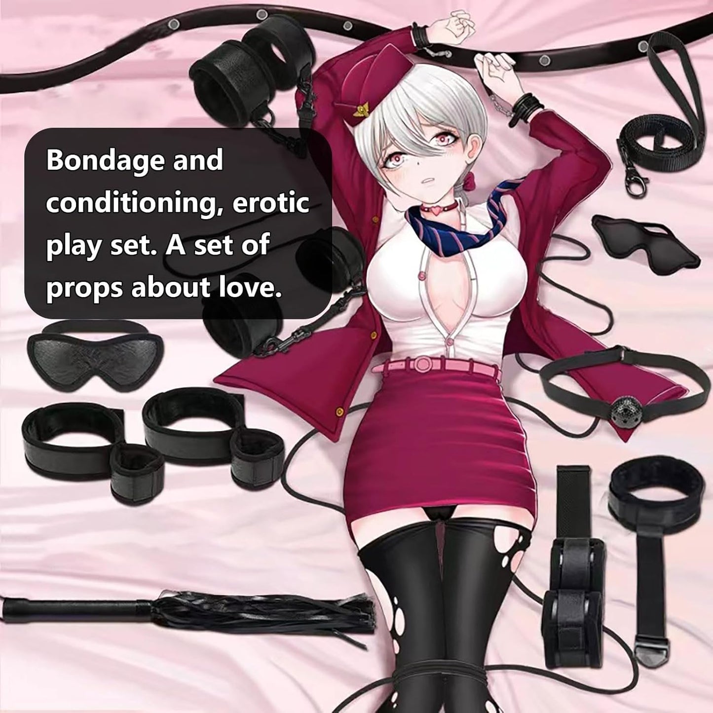 BDSM Beginner Set of 8: Adjustable Limb Cuff+Collar+Eye Mask+Mouth Ball+Whip Rope