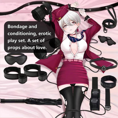 BDSM Beginner Set of 8: Adjustable Limb Cuff+Collar+Eye Mask+Mouth Ball+Whip Rope