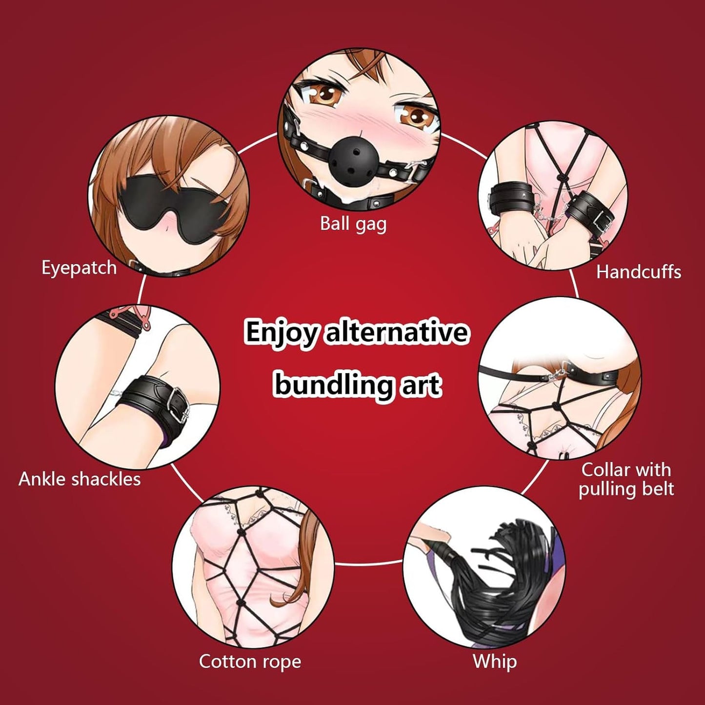BDSM Beginner Set of 8: Adjustable Limb Cuff+Collar+Eye Mask+Mouth Ball+Whip Rope
