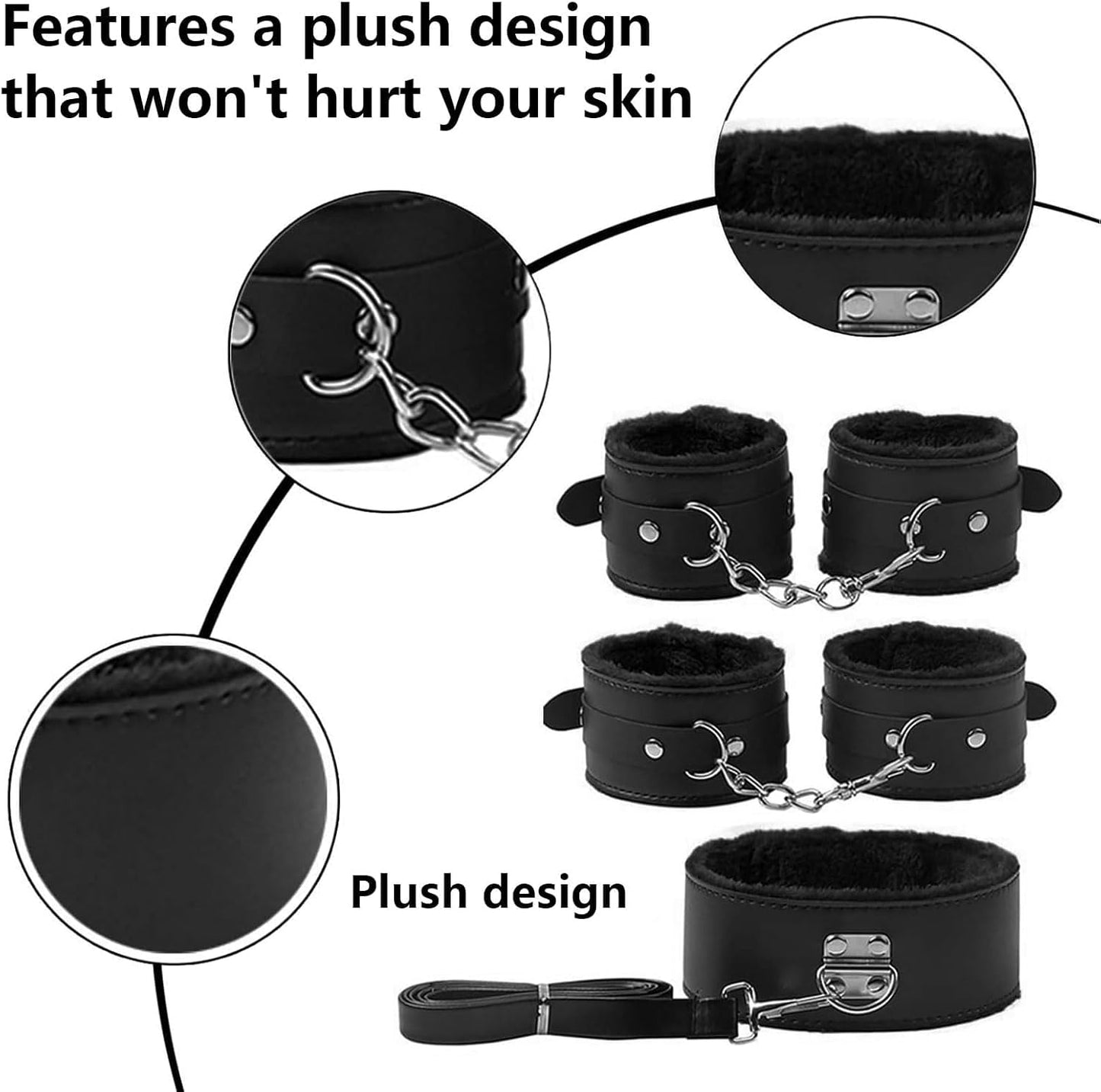 BDSM Beginner Set of 8: Adjustable Limb Cuff+Collar+Eye Mask+Mouth Ball+Whip Rope
